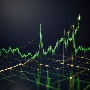 Cannabis stock market chart glowing green candlestick trend lines with cannabis leaf motifs